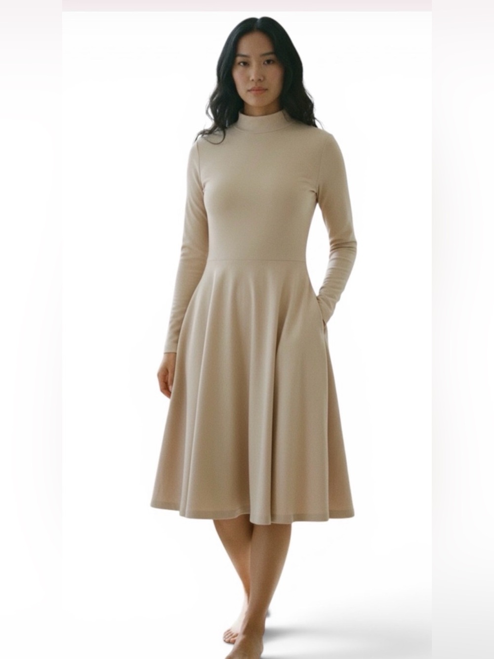 ⭐ Ribbed Camel Long Sleeve Midi Dress Mock Neck Flowy Minimalist
